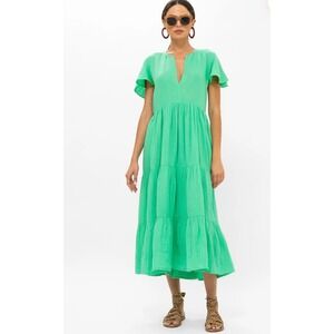 Oliphant Bahama Green Cotton Gauze V Neck Maxi Dress Tiered Ruffle Sleeve Medium